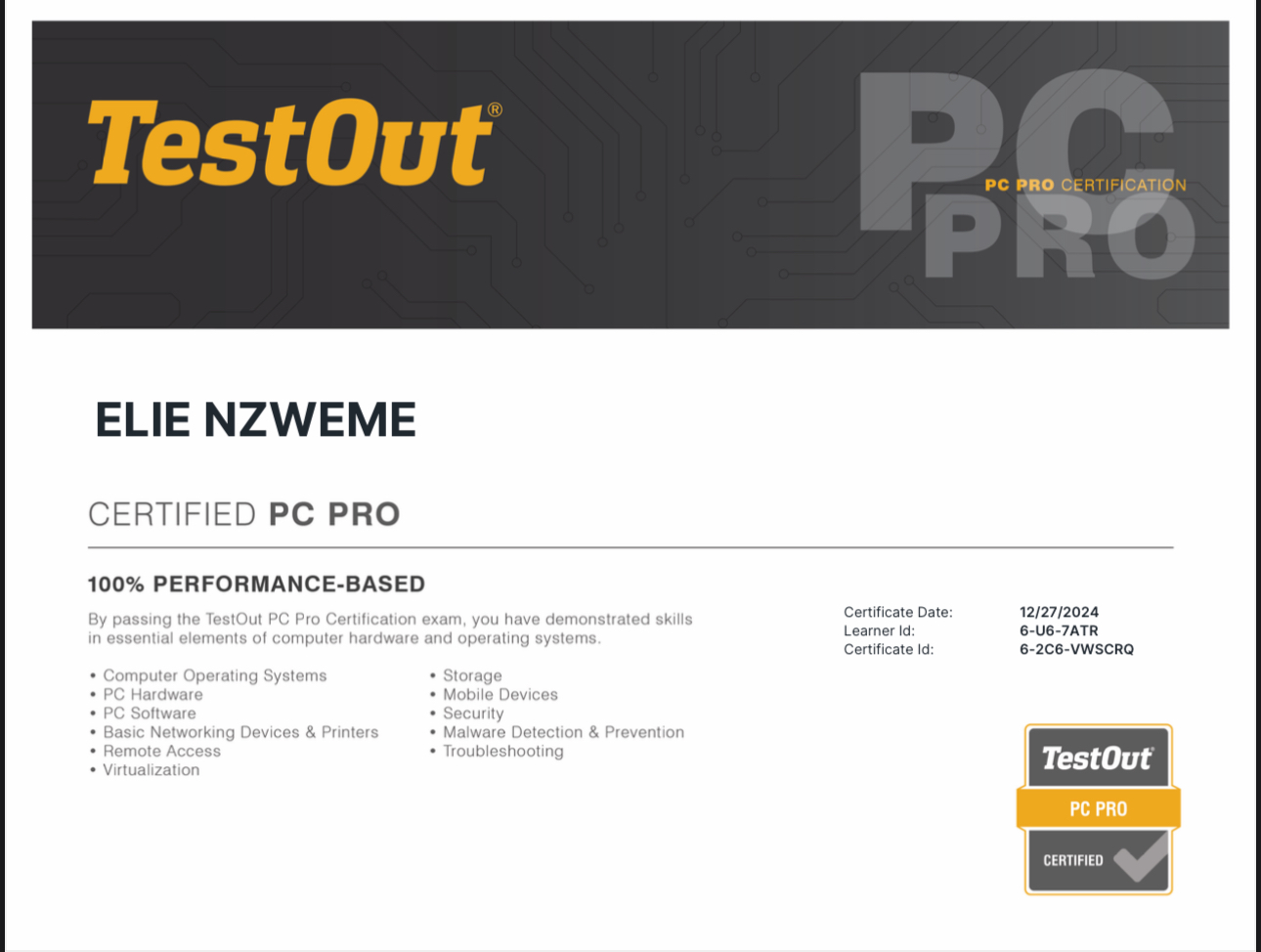 TestOut PC Pro certification